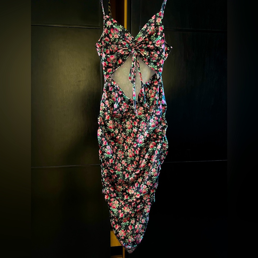 Satin look floral cutout dress